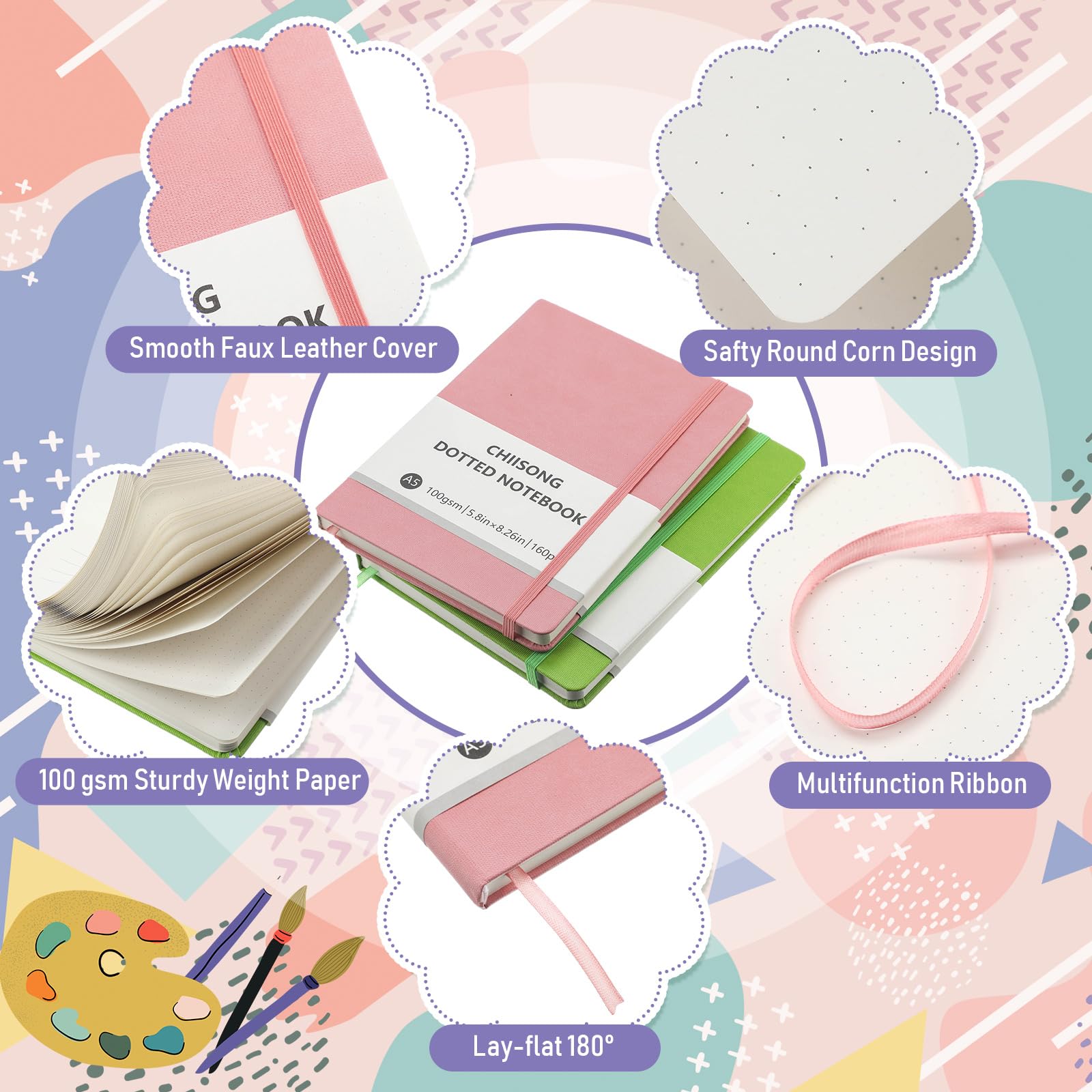 Chiisong Paquete de 10 cuadernos de puntos a granel, cuaderno de cuadrícula de puntos A5 con papel de 100 g/m², diario punteado de tapa dura de cuero con 160 páginas para mujeres y hombres,