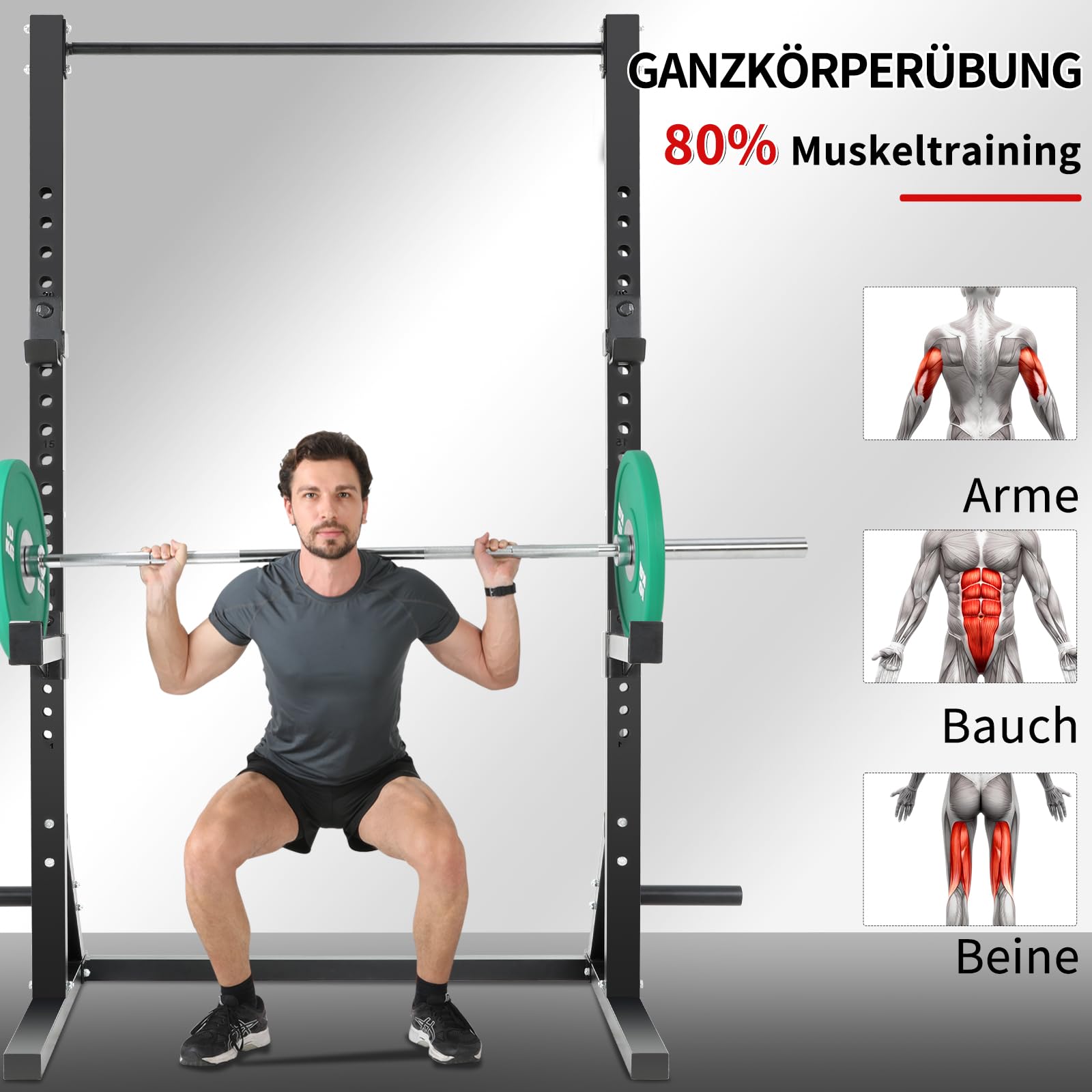ISE Power Cage Verstellbares Kraftstation-Rack für Gewichtheben, Kniebeugen und Kreuzheben, Power Rack Schwarz Smith Machine Multipresse, Stahl-Konstruktion Klimmzugstange für Home Gym