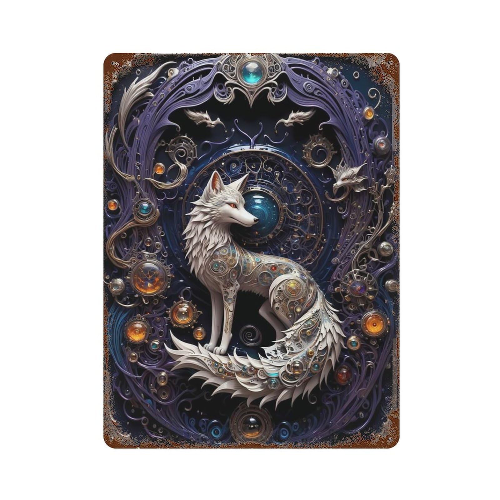 Vintage Rust Metal Sign with Steampunk Fox Art Deco Design 15.7"x11.8", for Office, Studio And Wall Decor, Farmhouse Wall Decor