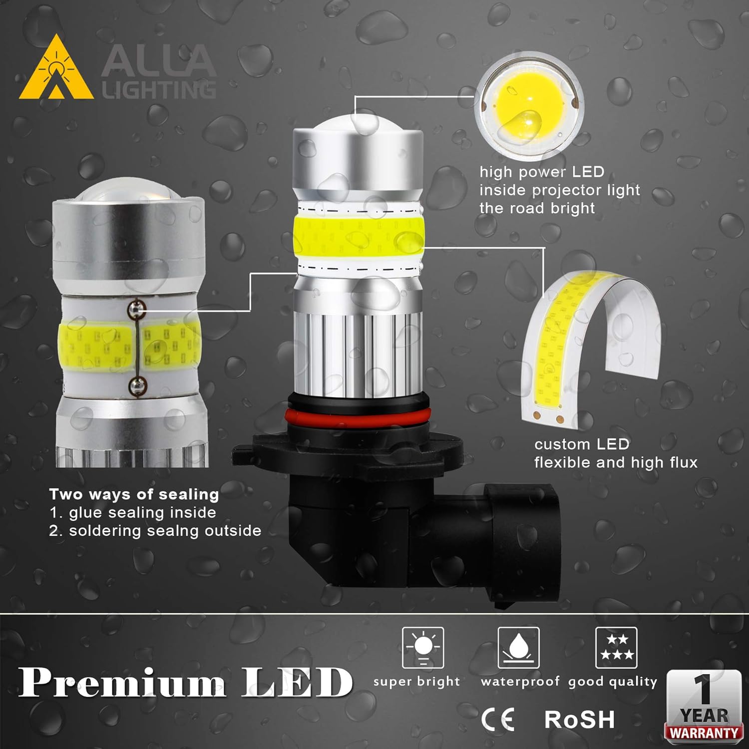 Alla Lighting 2800lm 9006 BH4 LED Bulb 3000K Amber Yellow Fog Lights, Super Bright COB-72 SMD Replacement for Cars, Trucks