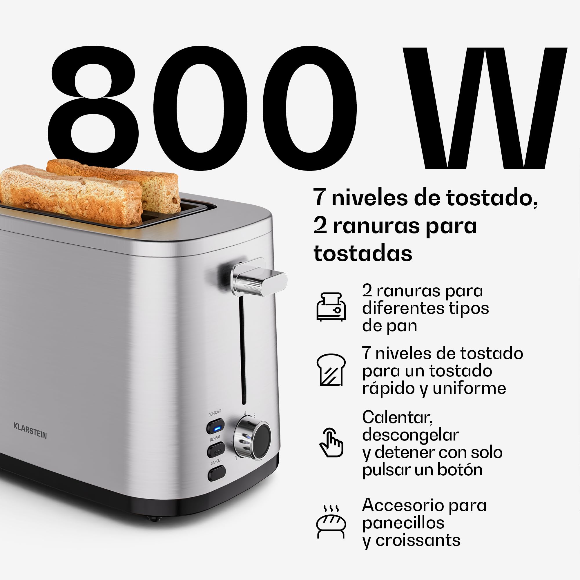 Klarstein Juego de Desayuno Esencial Verosteel - Tostadora 2 Ranuras, 7 Niveles, Bandeja Recogemigas, Soporte Panecillos, Hervidor 1.7L Acero Inoxidable, Filtro Antical, Apagado Automático