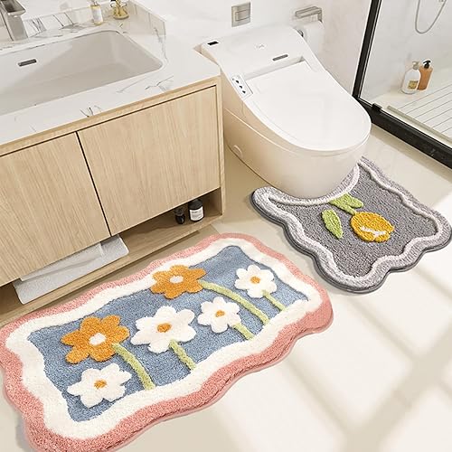 Miniatura 9 de PTAEXCEL Bonita alfombra de baño, 32 x 20 pulgadas, extra suave, color rosa, alfombra de área de flores de alta absorción, antideslizante, lavable a