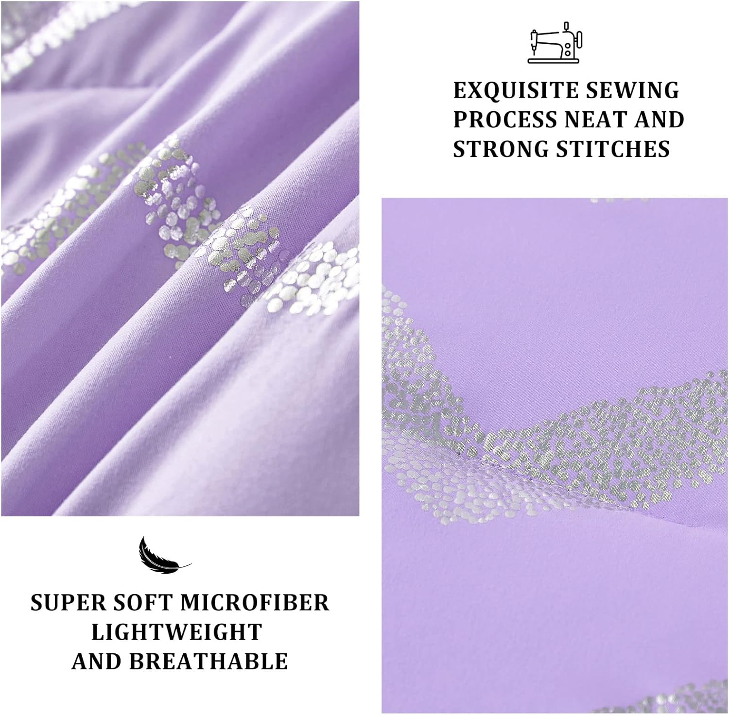 Menghomeus Purple/Silver Comforter Set Twin Lavender Metallic Print Glitter Bed Comforter Cute Shinny Bedding for Teen Girls Kids Women, 3 Piece (1 Pillowcase, 1 Decorative Pillow Sham)