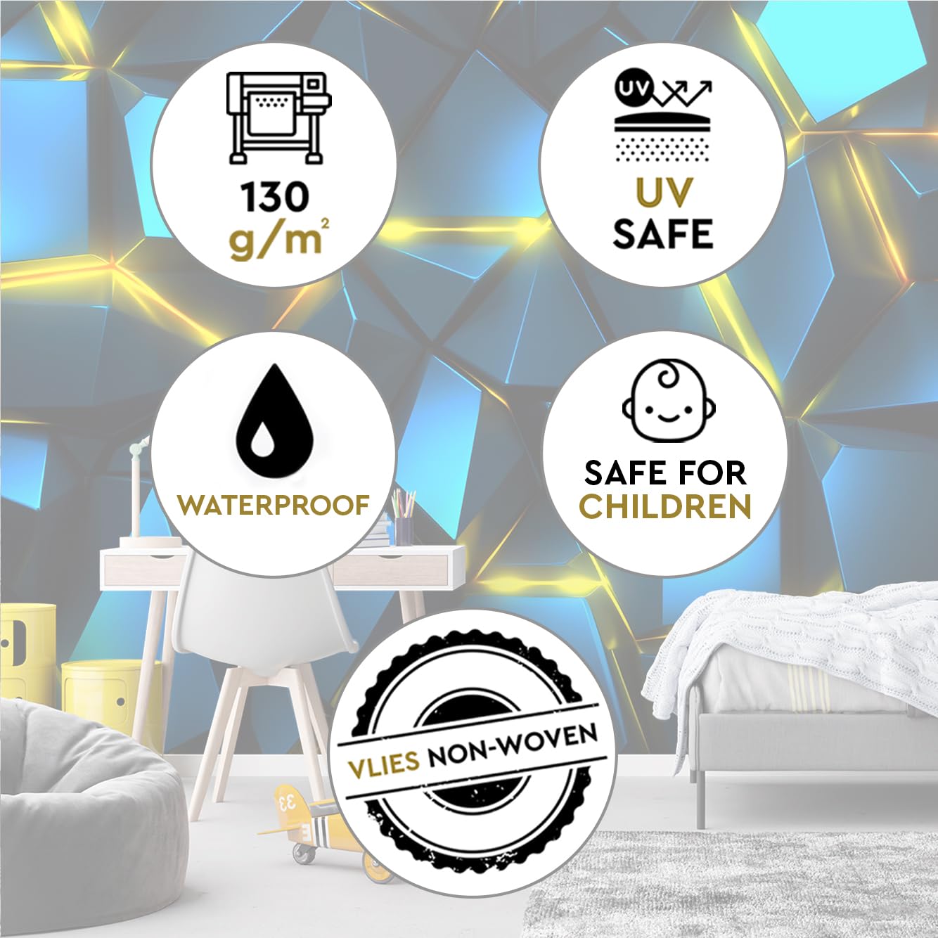 Feeby Carta Da Parati Neon Effetto 3D 450x315 cm blu XXL Decorazione Fotomurali Tessuto Non Tessuto Soggiorno Camera da letto Moderne Design Forme Geometriche