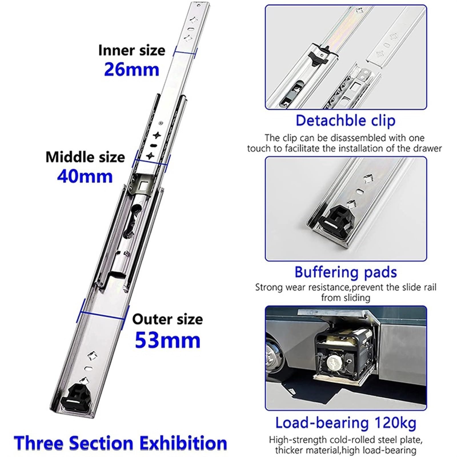 12 guide per cassetti da 101,2 cm, con chiusura ammortizzata, con serratura, capacità portante 83,9 kg, estensione completa, 3 sezioni, guide per cassetti industriali da 61 cm