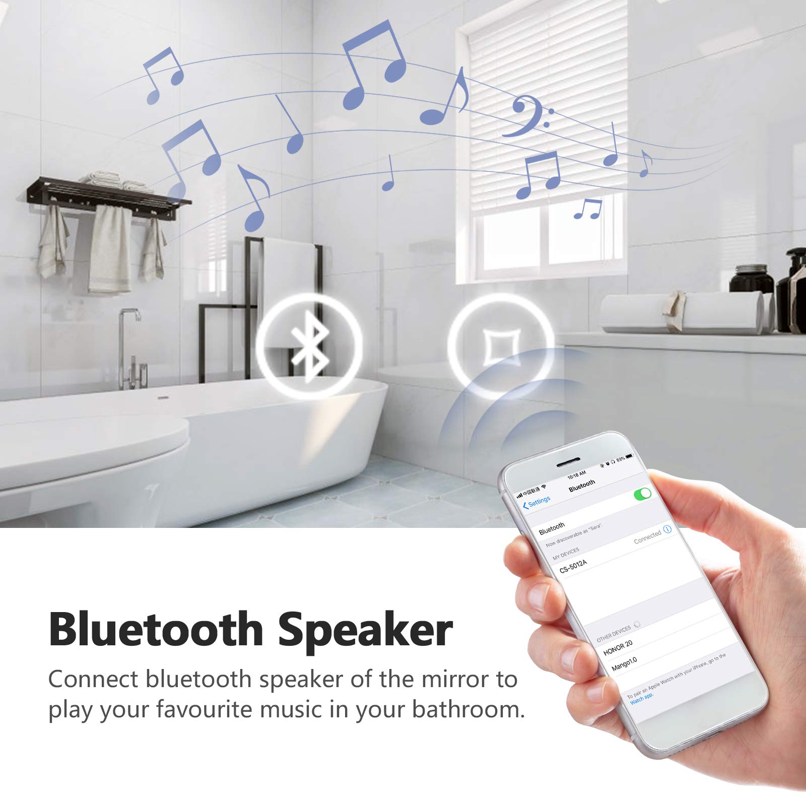 EMKE Backlit Illuminated Bluetooth Bathroom Mirror with Shaver Socket