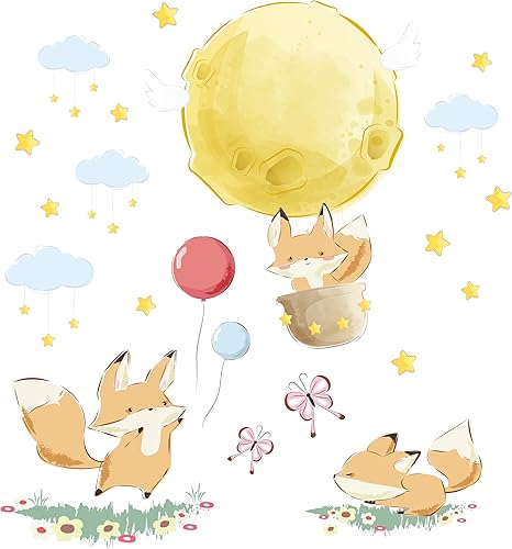 TILLYOU 2 hojas de pegatinas de pared de Little Fox extraíbles vinilo fácil de despegar decoración de pared para niños y niñas dormitorio de