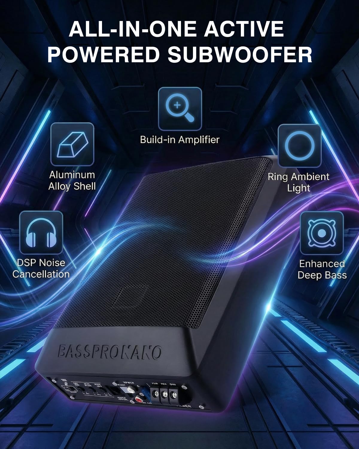 Ultraflacher Auto-Subwoofer, Adecuado para sedanes/Camiones, con Amplificador Integrado, montable bajo los Asientos, Potencia máxima de 600 W, subwoofer Compacto