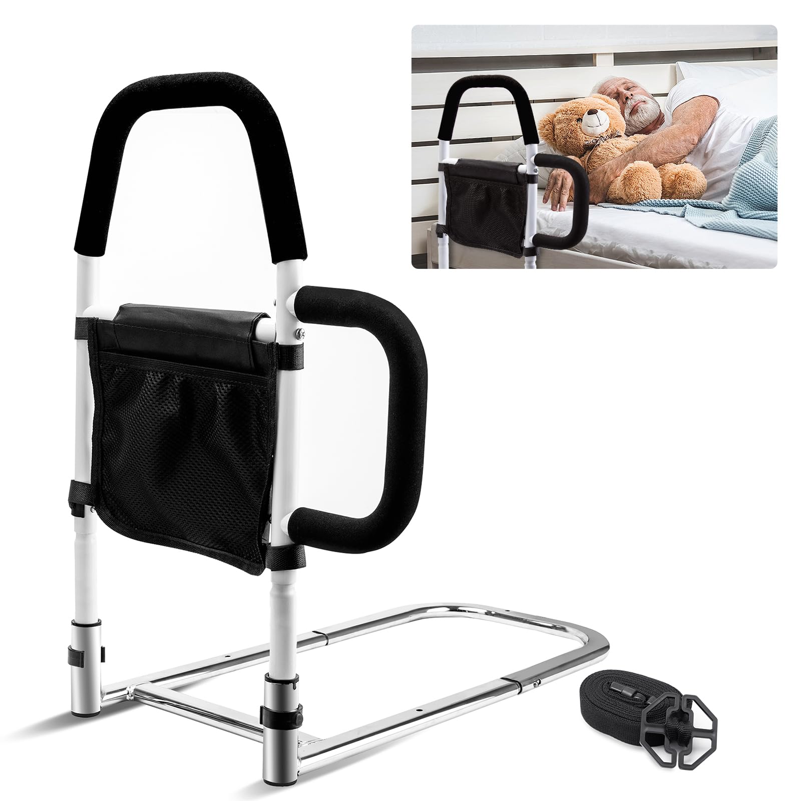 Bed Rails for Elderly Adults Safety-Bed Assist Rail with Double Grab Bars & Fall Prevention Guard & Storage Pocket Fits King, Queen, Full, Twin, Support Up to 300lbs,Height 25.6'' (Double Grab Bars)
