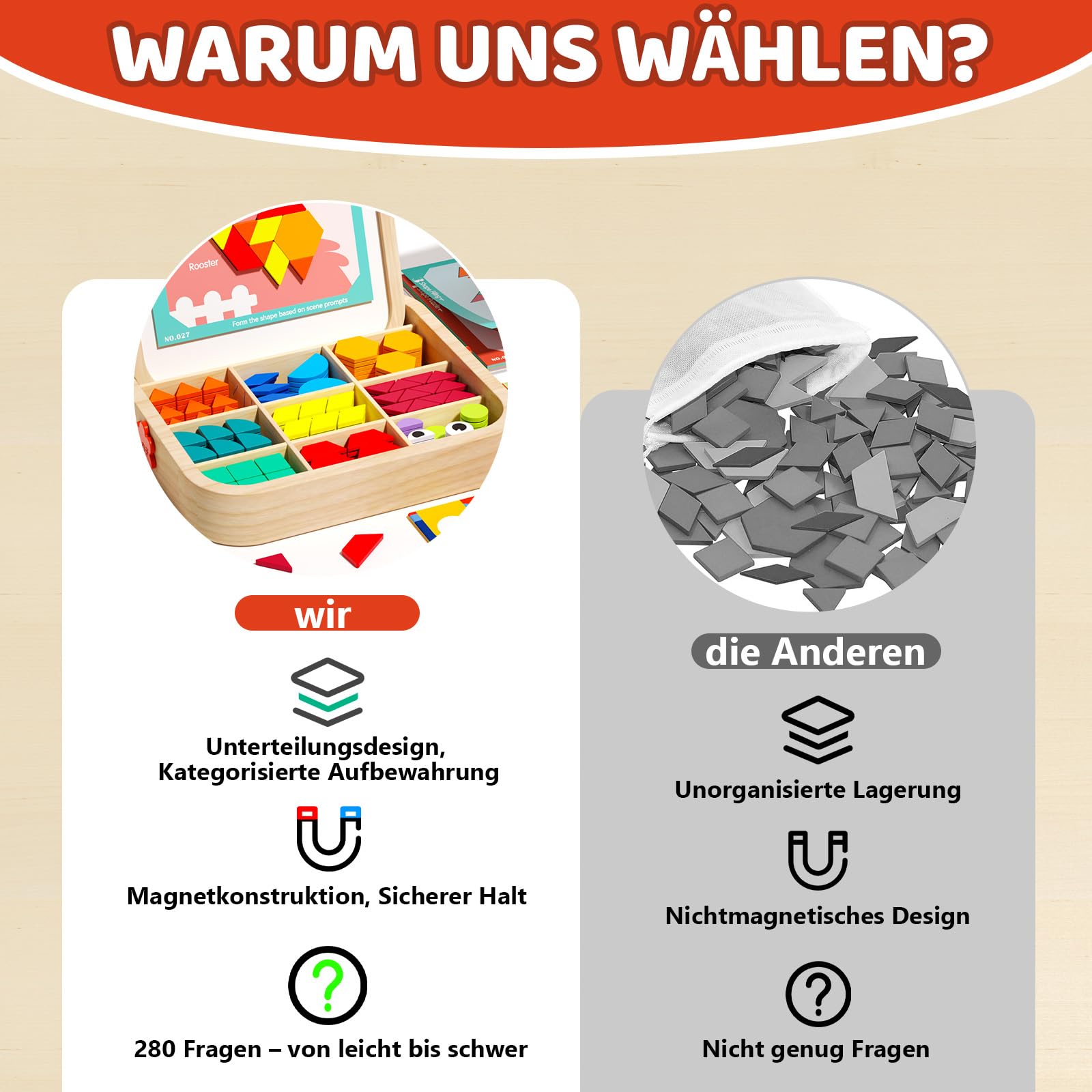 Magnetische Holzbausteine ​​mit Karten, 288-teiliges Montessori-Tangram-Puzzle-Lernspielzeug für Kleinkinder von 3-5 Jahren, pädagogisches STEM-Geschenk für Jungen und Mädchen von