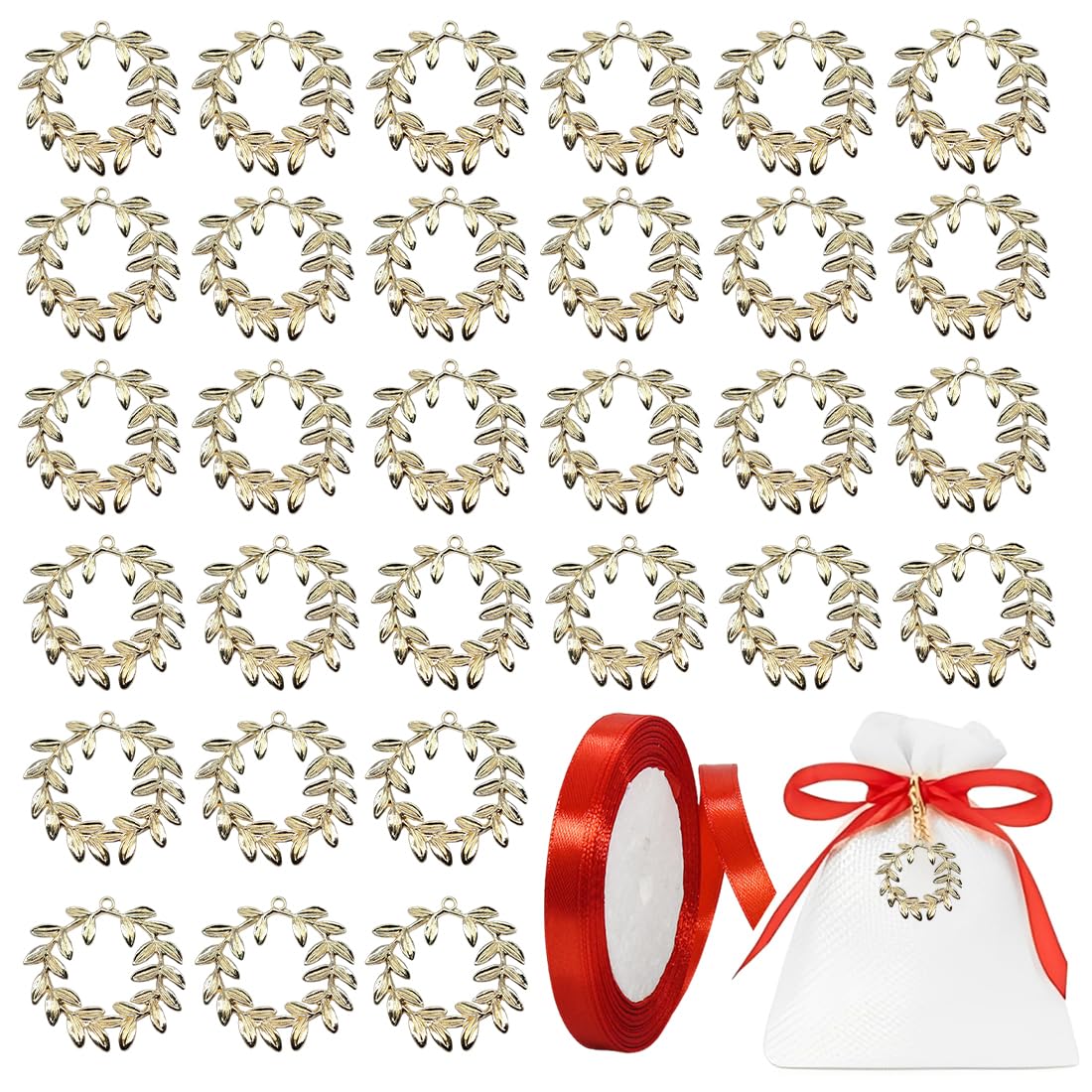 Set 30 Ciondoli Ramo D'Ulivo Dorati Con Nastro Rosso - Bomboniere Laurea E Decorazioni Vintage, Perfetti Per Matrimoni, Natale E Feste Speciali