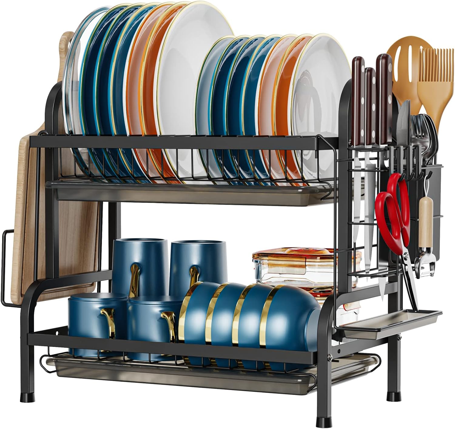 iSPECLE Dish Drying Rack, 2 Tier Dish Rack with Utensil Holder and Cutting Board Holder, Dish Drainer with Drainboard and 4 Hooks Large Capacity for Small Kitchen Countertop Saving Space