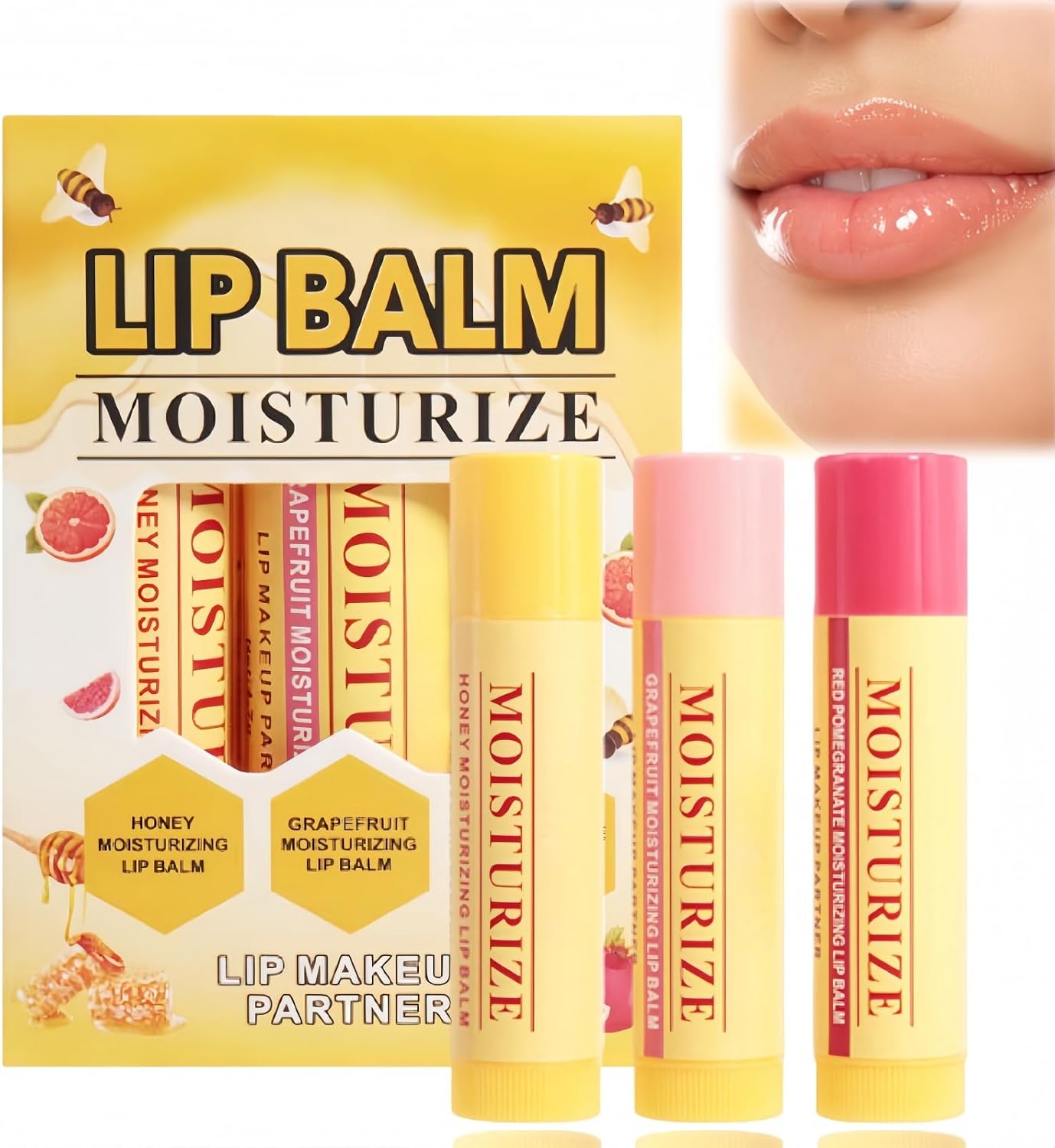 3 Pcs Lip Balm Gift Set,Bees Lip Balm Set Multipack,Bees Lip Balm Multipack,Bees Lips Balm Multipack with 3 Fruity Flavours Natural Formula,Fruit Flavoured Moisturising Lip Care Set,Daily Lip Care