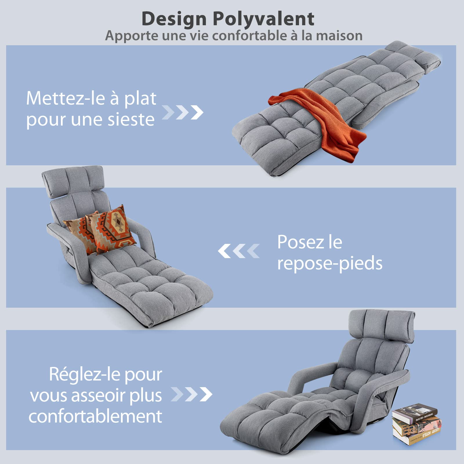 RELAX4LIFE Chaise Paresseuse Rembourré avec Dossier 90°-180°et Oreiller, Fauteuil au Sol Pliable en Surface Suède, Convient au Bureau, Lire, 196 x 72 x 20CM