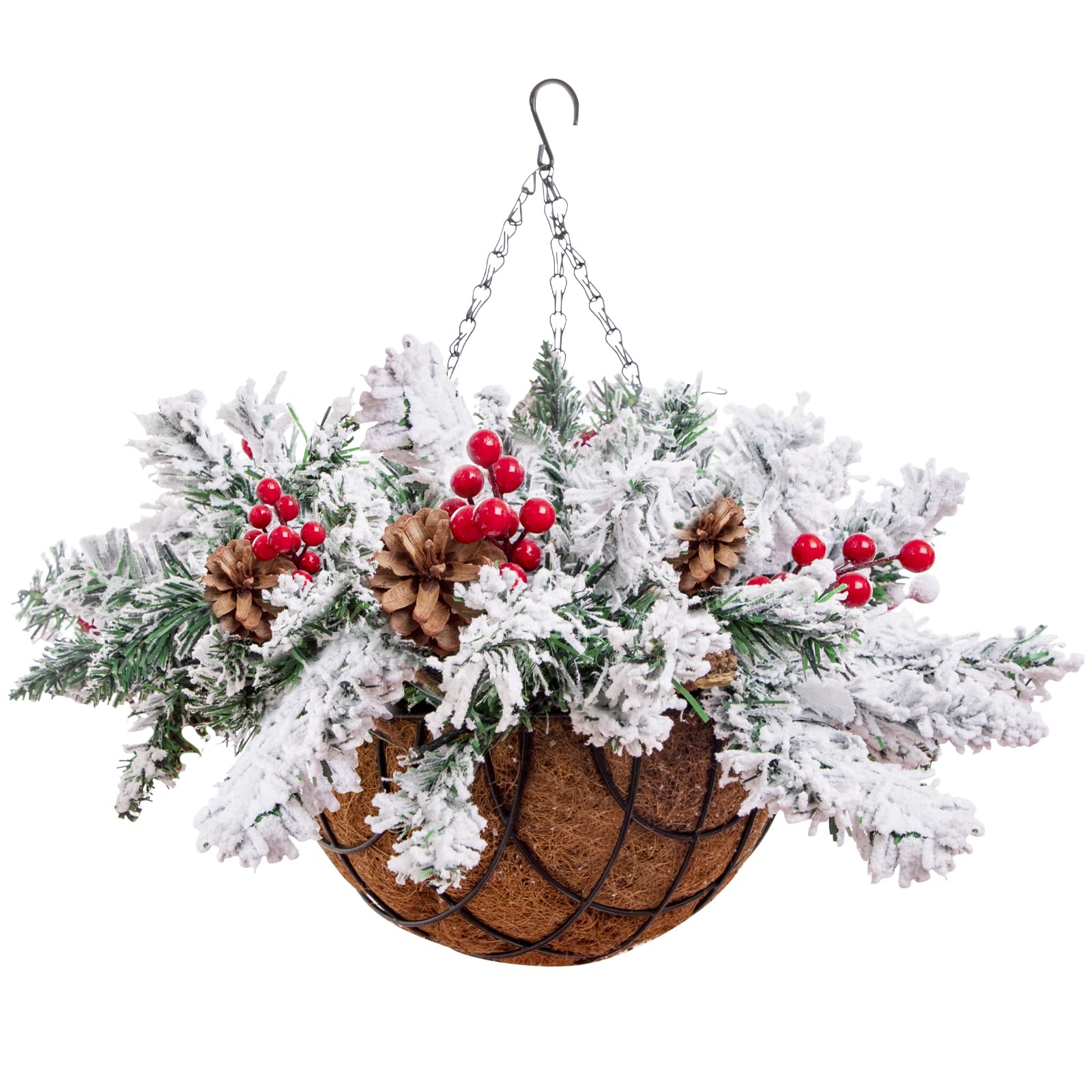 Ciaell 22inch Artificial Christmas Hanging Basket - Snow Flocked Christmas Hanging Basket - Christmas Hanging Basket with Solar Lights and Pine Cones Berries for Christmas Outdoor Decor