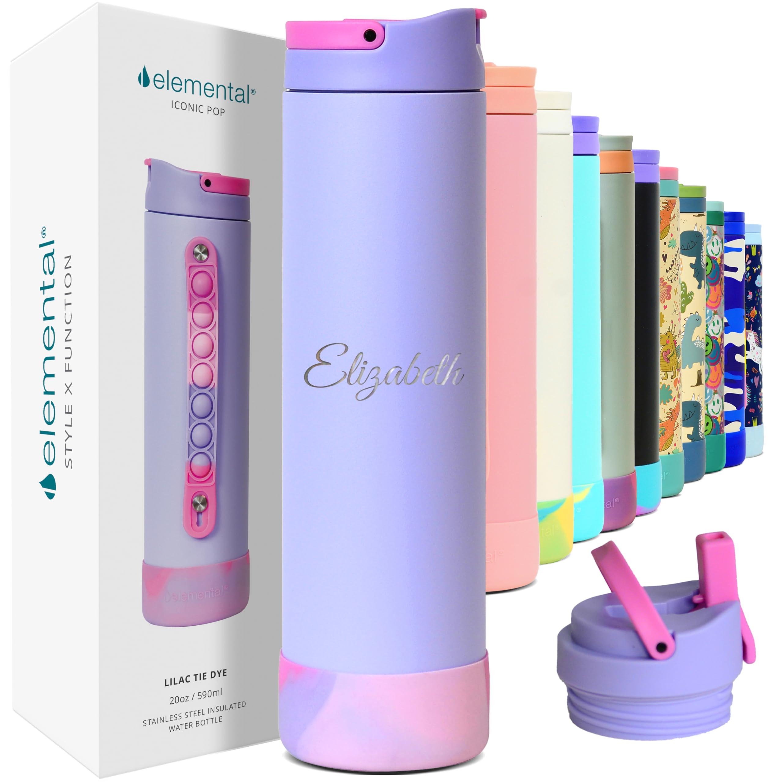 Elemental Iconic Kids Personalized Water Bottle with Straw Lid Stress Relief Pop It Handle Custom Triple Insulated Kids