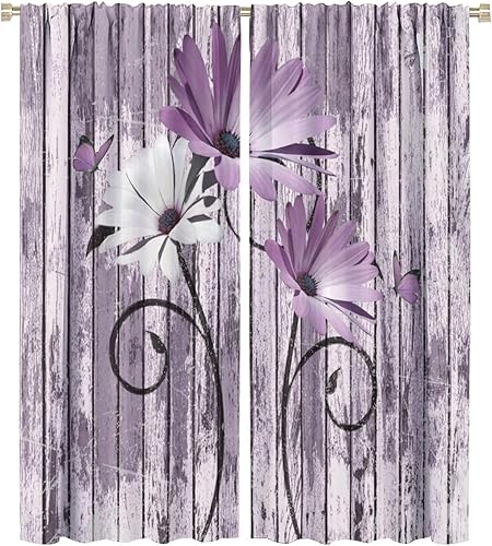 Miniatura 31 de Cortinas rústicas de cocina de granja, margaritas florales de granja de primavera, cortinas opacas de madera retro con bolsillo para barra, cortinas