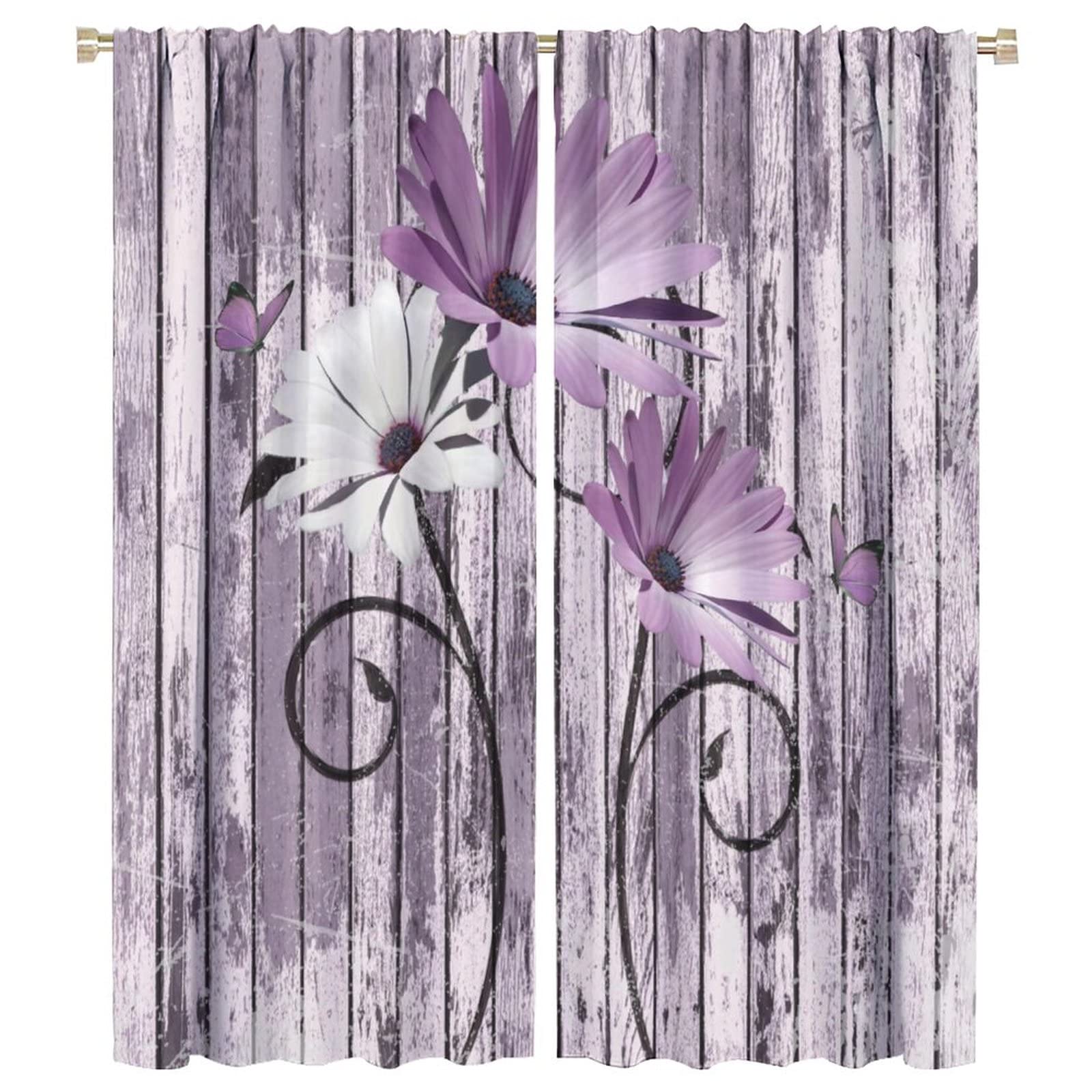 Rustic Purple Daisy Curtains for Bathroom,Farmhouse Country Floral Flower Vintage Style Room Darkening Thermal Insulated Window Curtain for Living Room Bedroom W42xL54in
