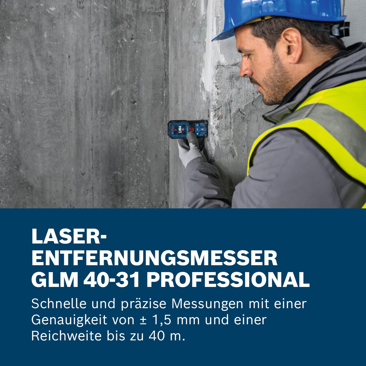 Bosch Professional Laser-Entfernungsmesser GLM 40-31 (IP 65, stoßdämpfendes Gehäuse, 7 Messmodi, automatische Berechnungen für Länge/Fläche/Volumen, helles Farbdisplay, mit Li-Ionen-Akku kompatibel)