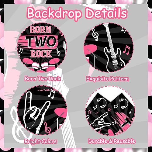 Miniatura 7 de 77 piezas de decoraciones de cumpleaños Born Two Rock para niñas, suministros de fiesta de segundo cumpleaños de Rock and Roll con telón de fondo de