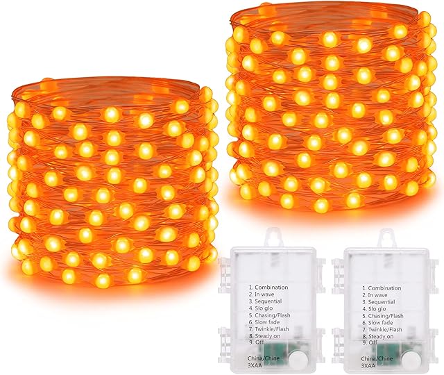 Joomer 2 Pack Halloween Twinkle Fairy Lights, 50 LED 8 Modes Battery Operated Upgraded Oversize Beads Waterproof Silver Wire String Lights for Halloween Decoration, Costume, Party (Orange)