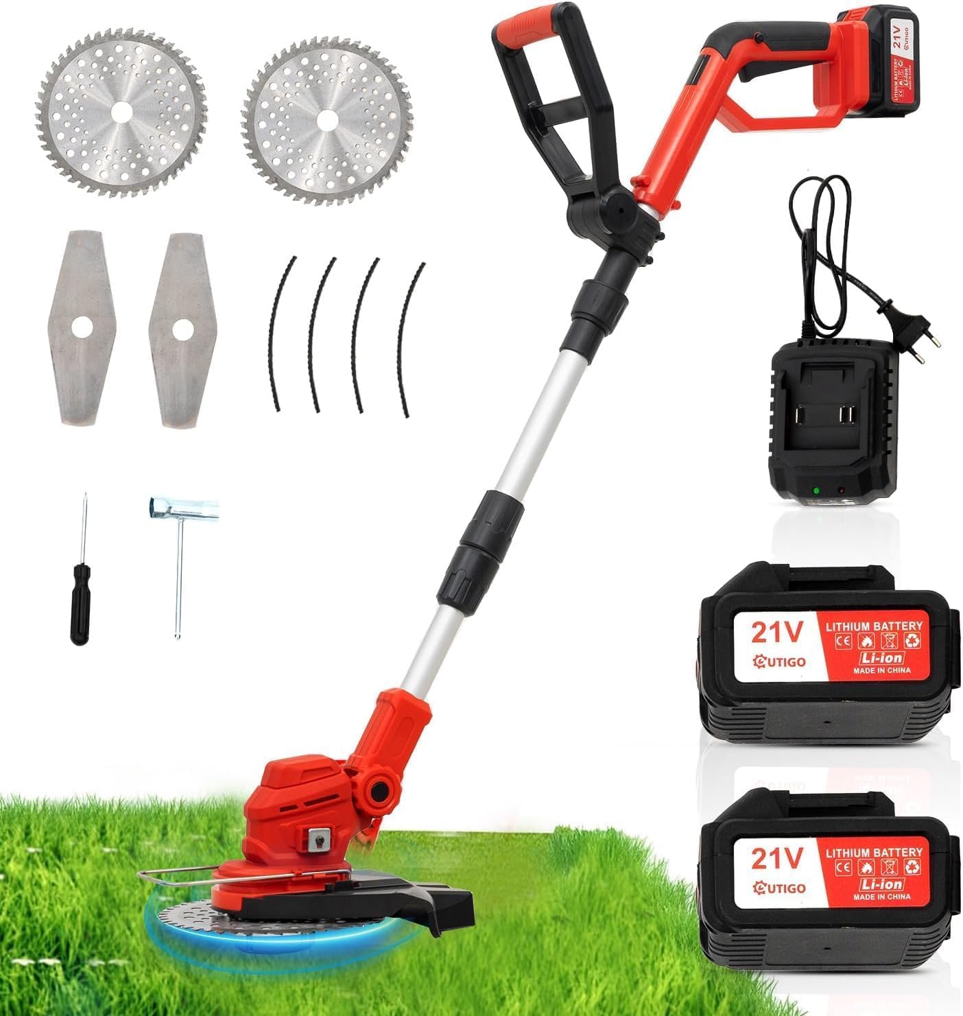 OUTIGO Akku-Rasentrimmer, mit 2 Akku 21V 4.0Ah, 24000U/min mit LCD-Anzeige,Verstellbarer Teleskopstiel, Freischneider mit 3 Arten von Klingen, kabelloser Rasenschneider für Gartenarbeiten