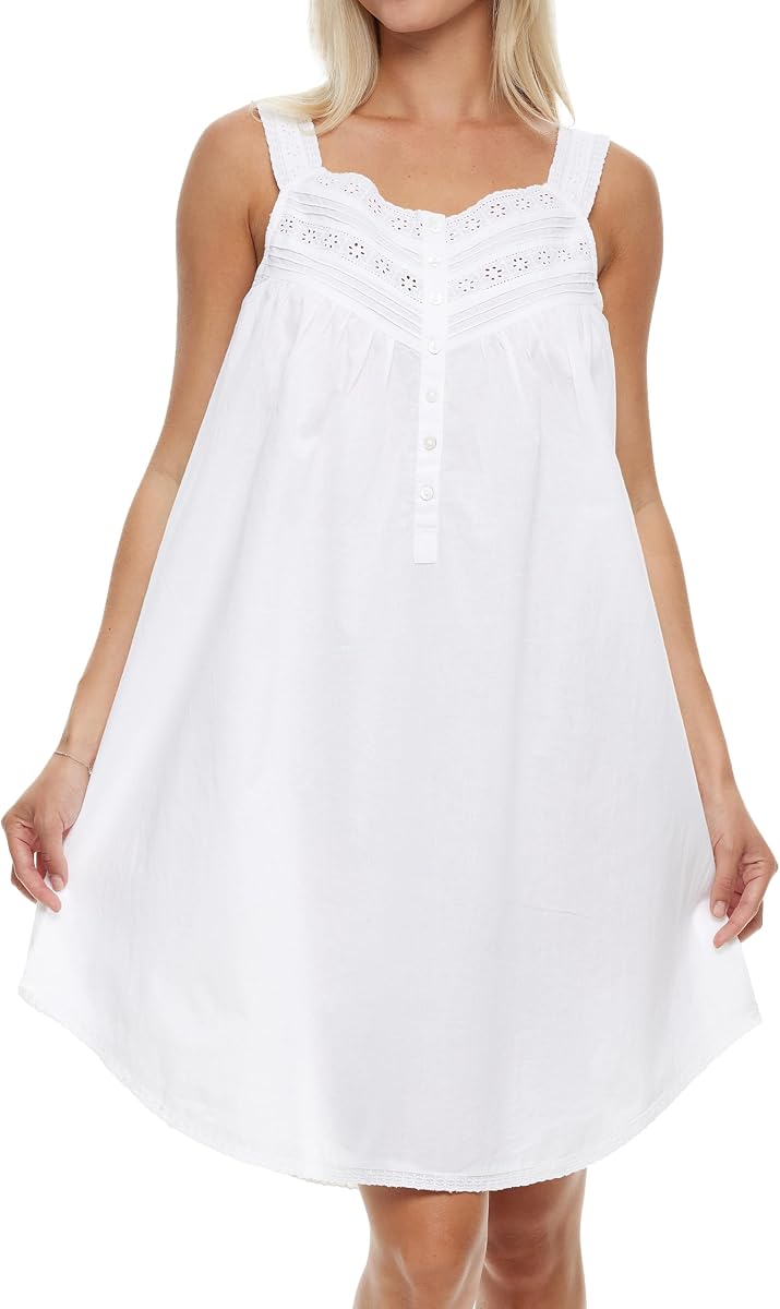 Alexander Del Rossa Women's Sleeveless Lace Trim Short Cotton Nightgown