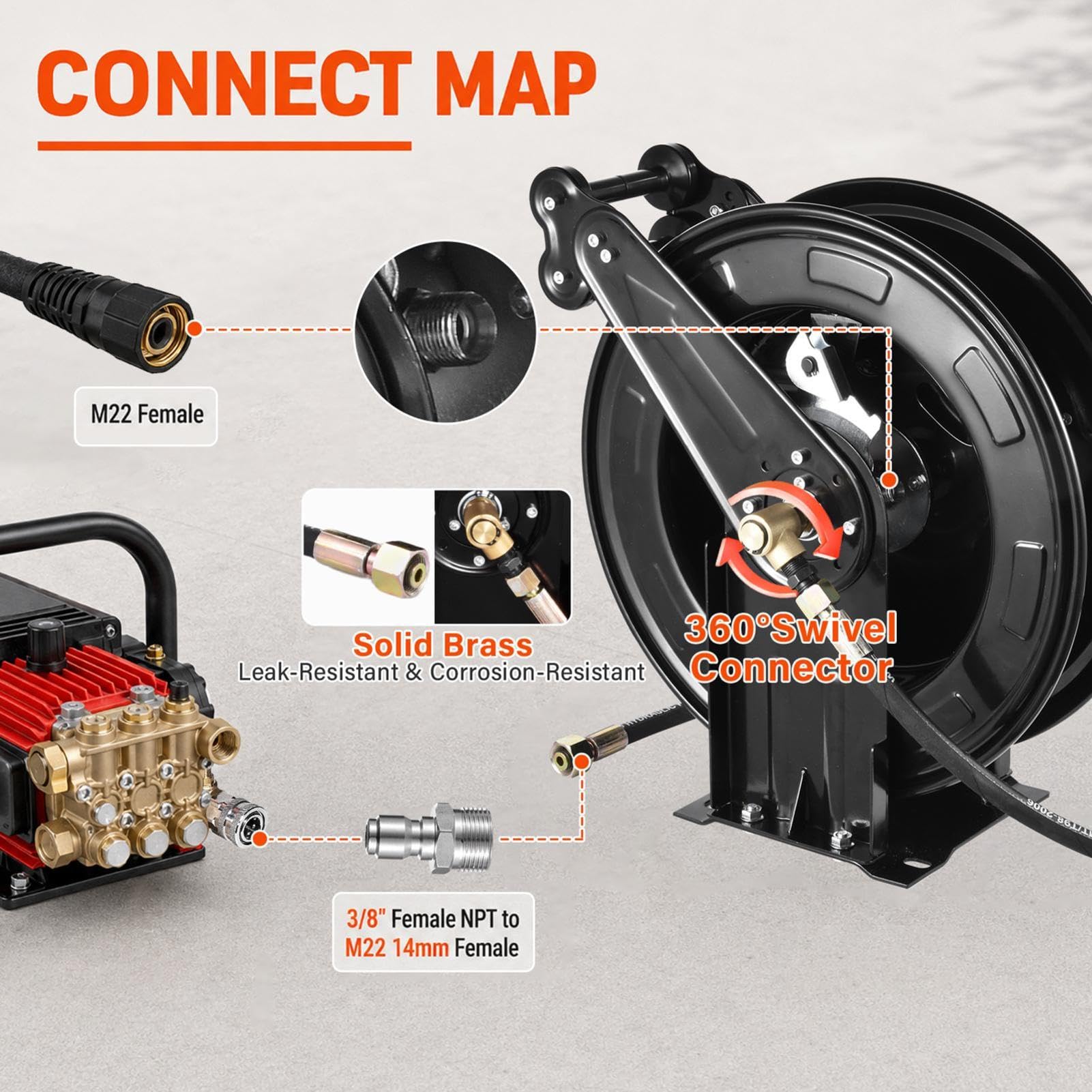 Carrete de manguera retráctil de alta presión de acero pesado retráctil automático de 15 m x 0,95 cm con manguera corta de 1,5 m, 4000 PSI con articulación giratoria de 360 grados