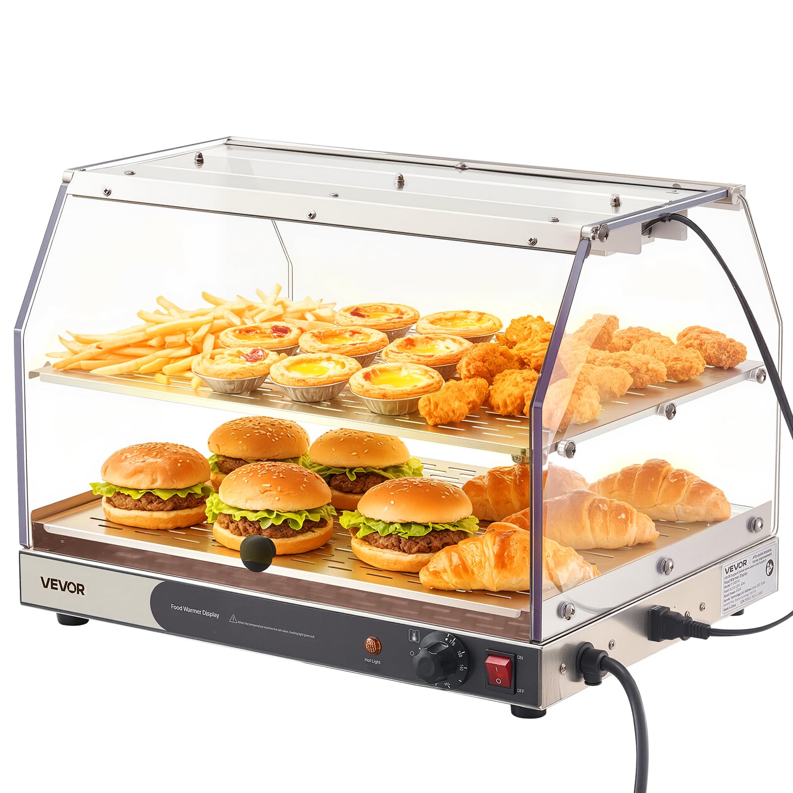 VEVOR Scaldavivande commerciale a 2 livelli, scaldavivande da 450 W con luce, ripiani staccabili e design a doppia porta, riscaldamento ad aria da 29,4 °C a 185 °C, 48 litri per hamburger, pizza, pane