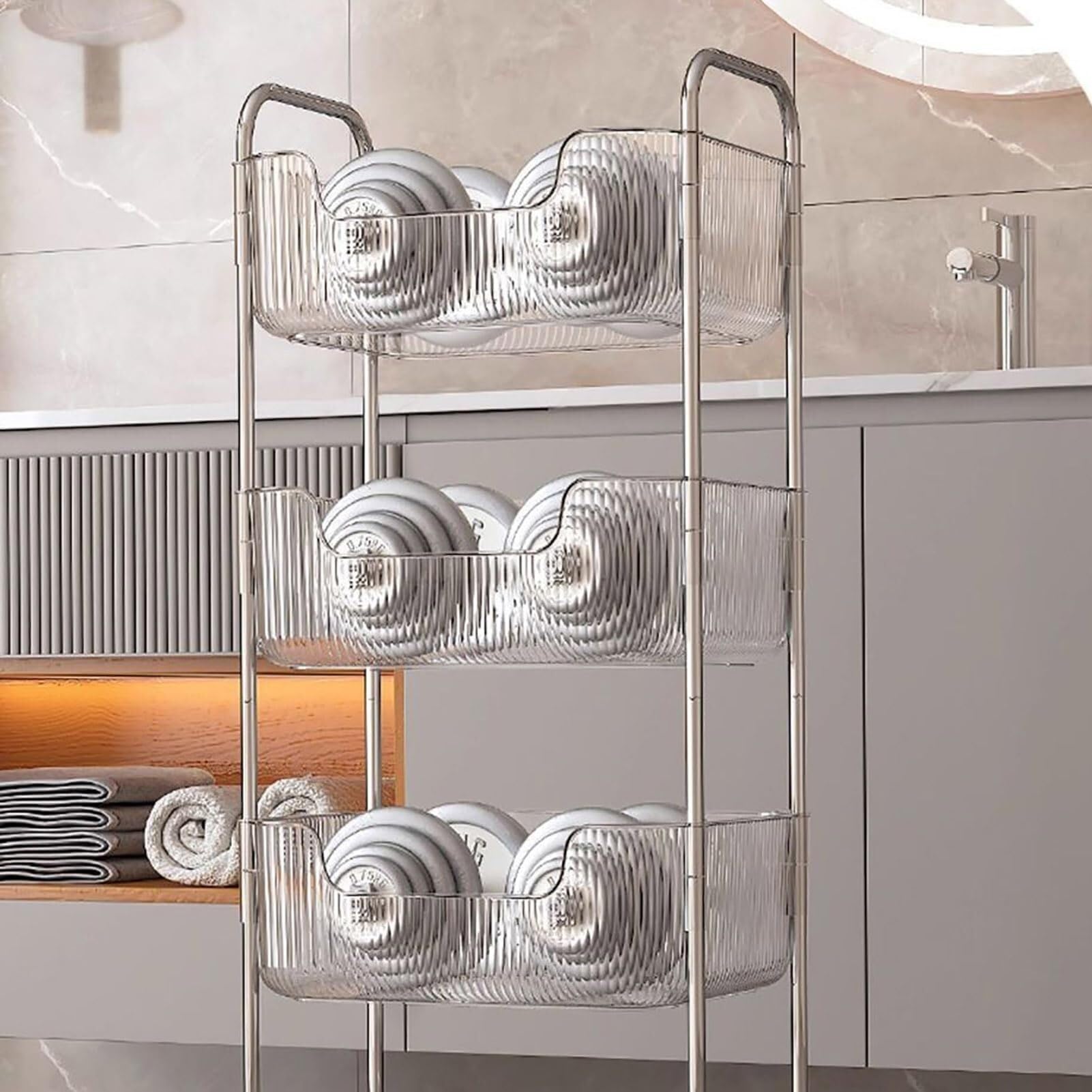 Carrello portaoggetti in acrilico, organizer trasparente con ruote per cucina, bagno e ufficio, libreria mobile multilivello
