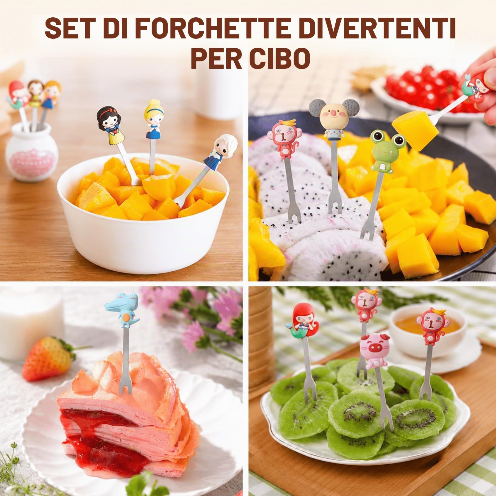 Mini Cartoon Forchette da Frutta in Acciaio Inossidabile, Stuzzicadenti Riutilizzabili con Manici in Silicone e Barattoli di Stoccaggio in Ceramica, Accessori da Tavola per Frutta e Dessert, 20 Pezzi