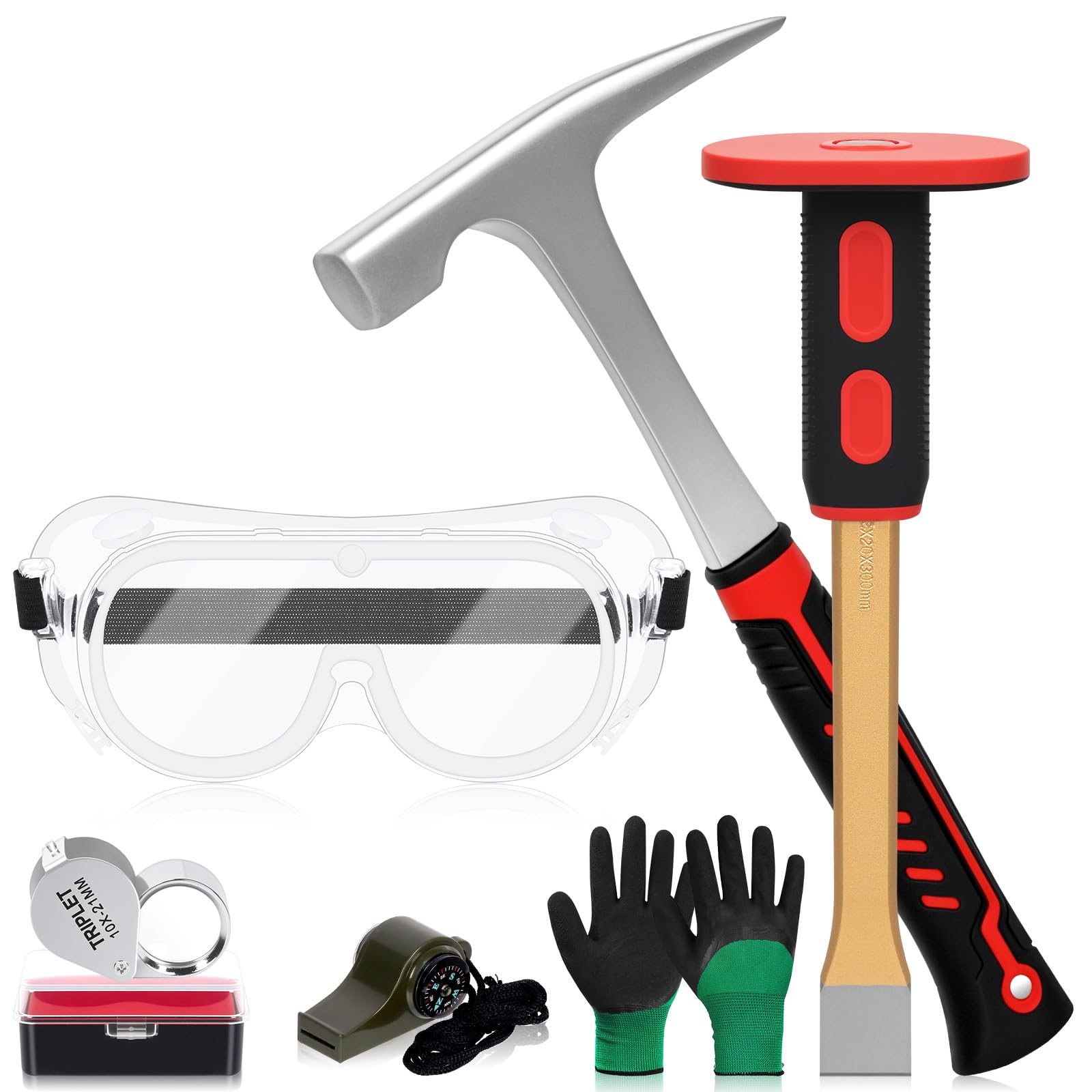 Zestaw 6 sztuk młotków geologicznych, młotek geologiczny 32 oz i dłuto murarskie 12", okulary ochronne, gwizdek, lupa jubilerska 10X i rękawiczki, narzędzia do poszukiwania minerałów i łamania