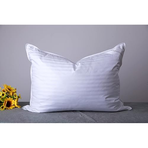 Standard Goose Down Feather Hotel Collection Bed Pillows for Sleeping One Pillow for Back, Stomach or Side Sleepers Stripe White Color