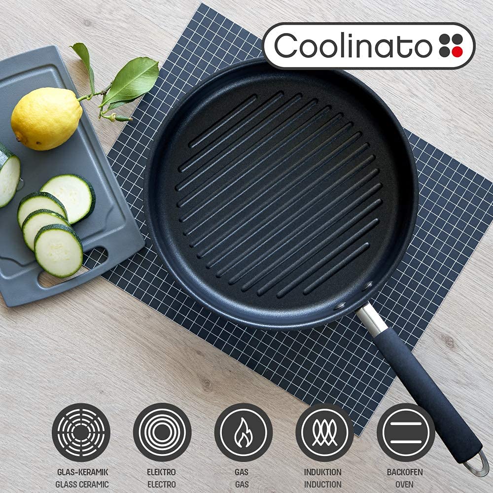 Coolinato Grillpfanne rund 26cm, Pfanne beschichtet für Induktion und andere Herde, Steakpfanne ofenfest spülmaschinengeeignet