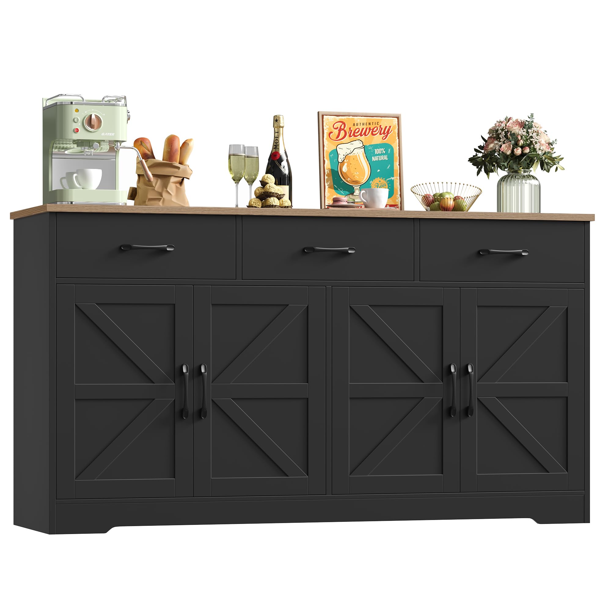 HOCSOK Credenza Cucina, 150 cm Madia Dispensa Cucina con 3 Cassetti 4 Ante, Mobile TV con Ripiani Regolabili per Soggiorno, sala da pranzo, Ingresso, Credenza Soggiorno, 150×81.5×38.5 cm, Nero