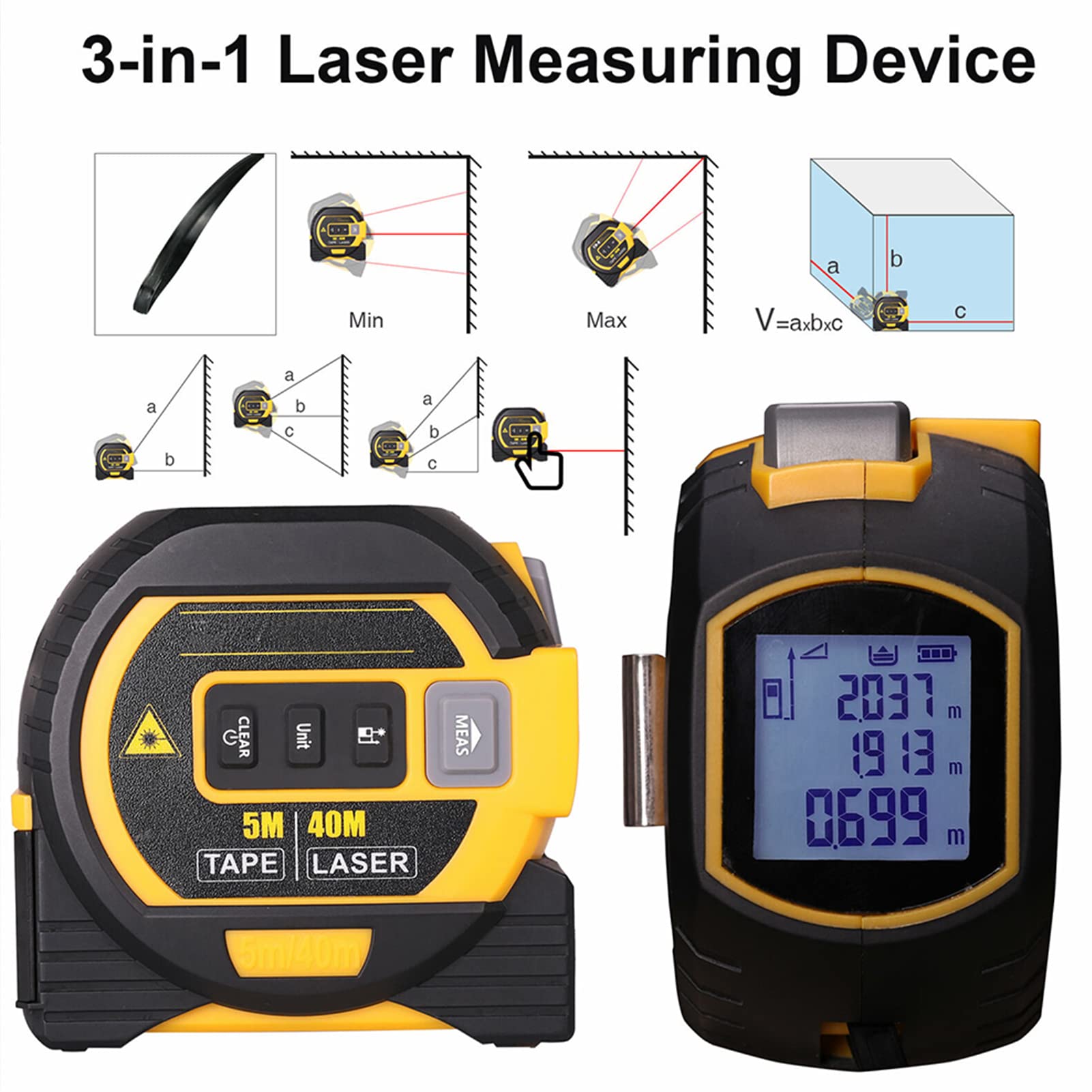 Cinta métrica, medidores de distancia digitales 3 en 1 con pantalla LCD, 40 m, cinta métrica de 5 m, línea transversal vertical, herramienta de medición/volumen/distancia