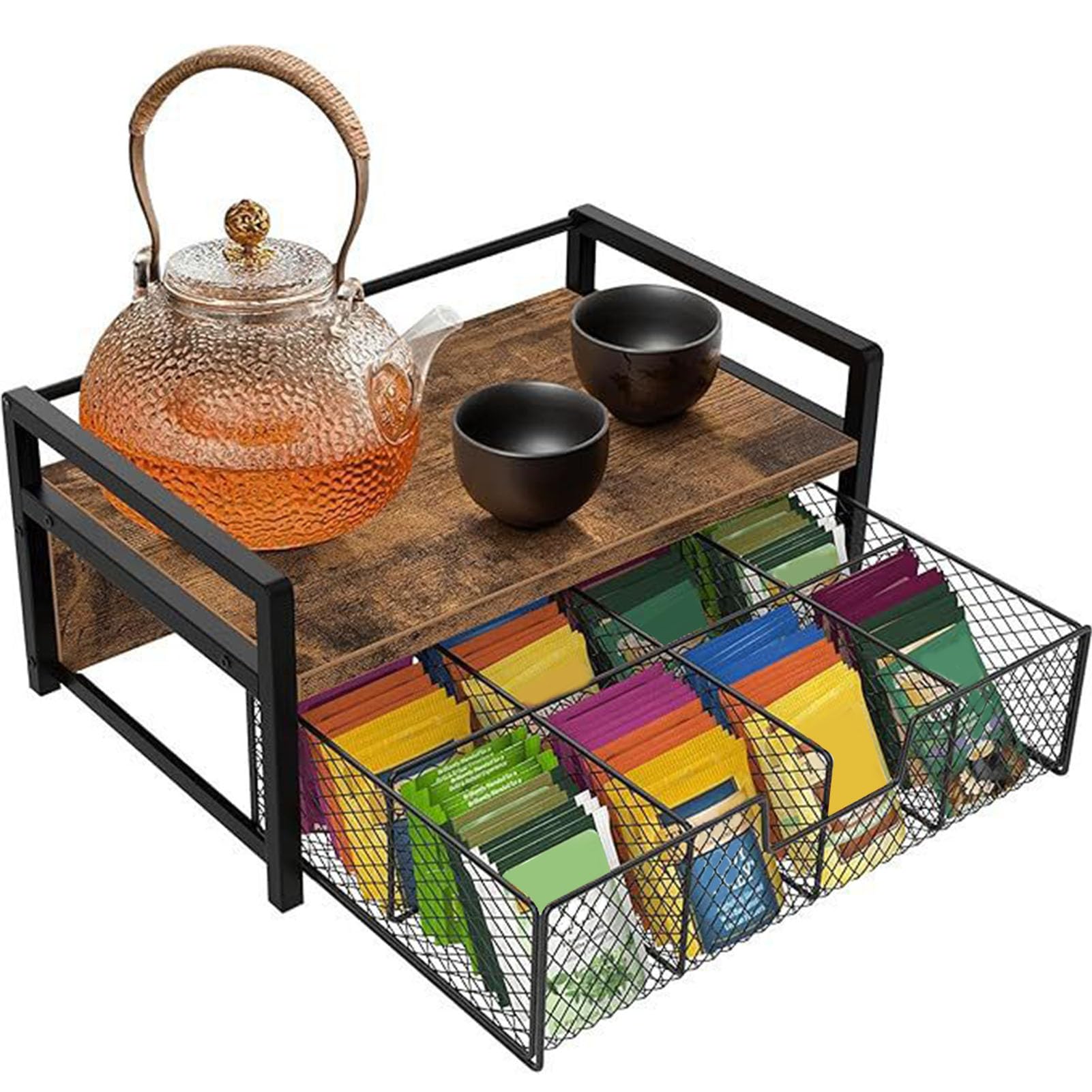 Cryfokt Teebeutel-Organizer, 8 Fächer, Mattschwarzer Rahmen, Vintage-Teebeutelhalter mit Holzmaserung, Teebeutel-Aufbewahrungsschublade mit Oberer Ablage für Arbeitsplatte, Küche, Büro, Kaffeebar