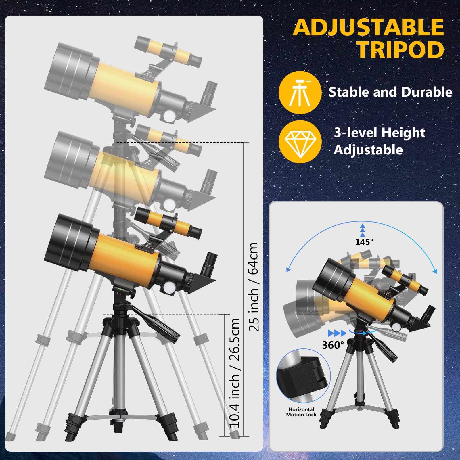 Télescope Astronomique 70/300mm, Lunette HD Astronomique Réfracteur avec Trépied Professionnel et Adaptateur de Téléphone, Télescope pour Enfants Débutants et Amateurs, Observer la Lune 15-150X
