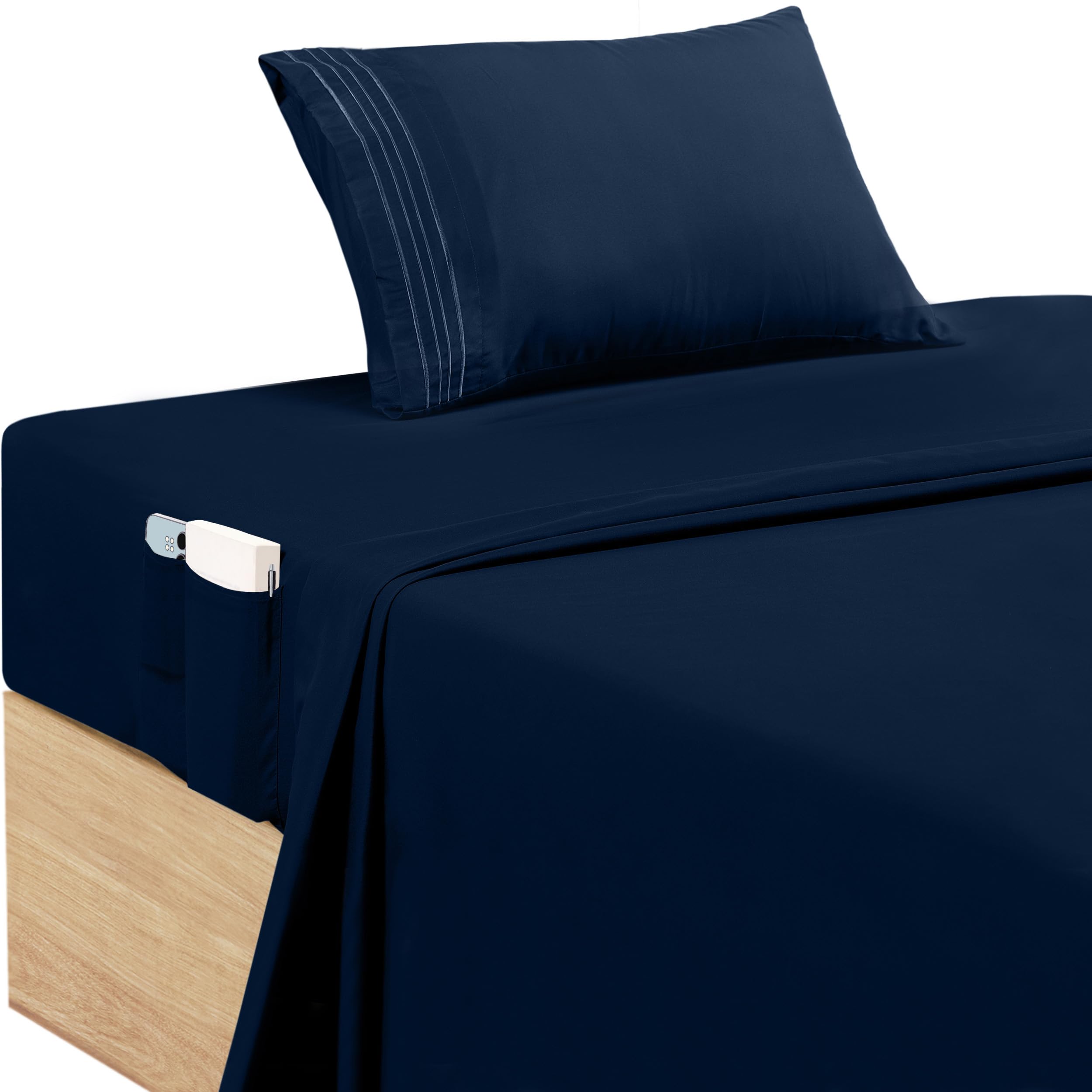 Utopia Bedding Set Lenzuola Ricamate Singolo 3 Pezzi 90x190 cm - Microfibra di Poliestere - Lenzuolo con Angoli con Tasche Portaoggetti, Lenzuolo Piatto e 1 Federe Ricamate, Blu Navy