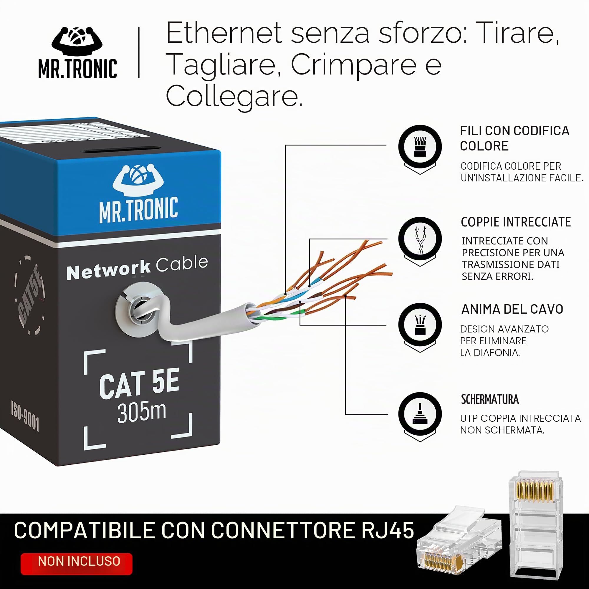Mr. Tronic Cavo Ethernet Cat 5E da 305m Bulk Cabel, Cavo di Rete LAN Cat 5E ad Alta Velocità Per Connessione Internet Veloce 1 Gbps – 100 MHz AWG24 Cavo Sfuso | Cavo UTP CCA (305 Metri, Grigio)
