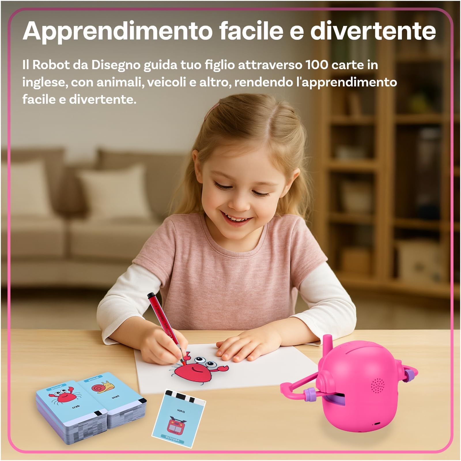 MMOBIEL Robot da Disegno per Bambini Giocattolo Educativo Interattivo con 100 Carte, 12 Pennarelli Colorati, Guida Vocale e Batteria Ricaricabile USB-C – Regalo Creativo per Età 3-9 – Rosa