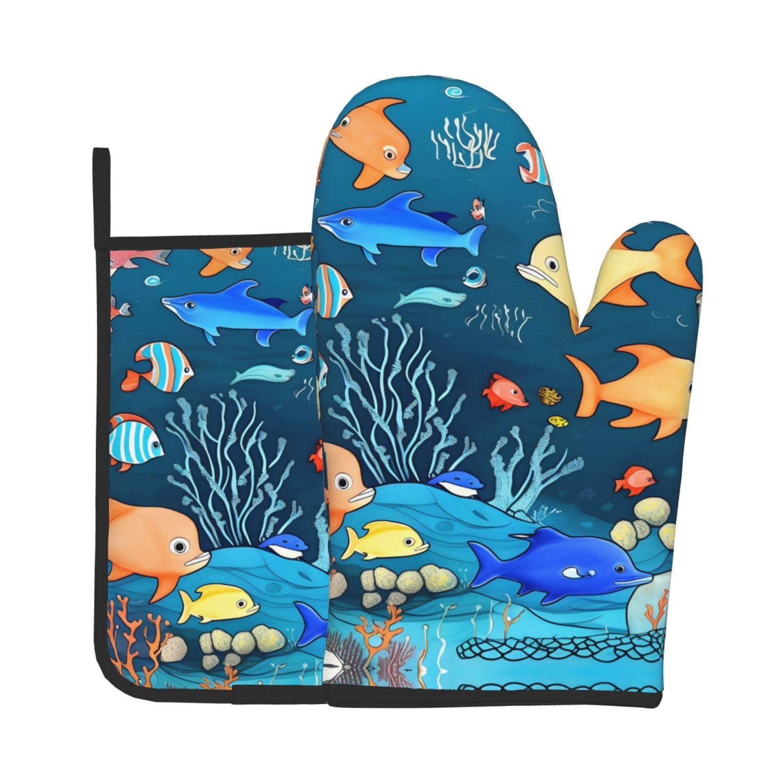 Oven Mitts and Potholders Set of 2 for Kitchen Baking Cooking GrayBlue Underwater World of Fish Thick and Durable
