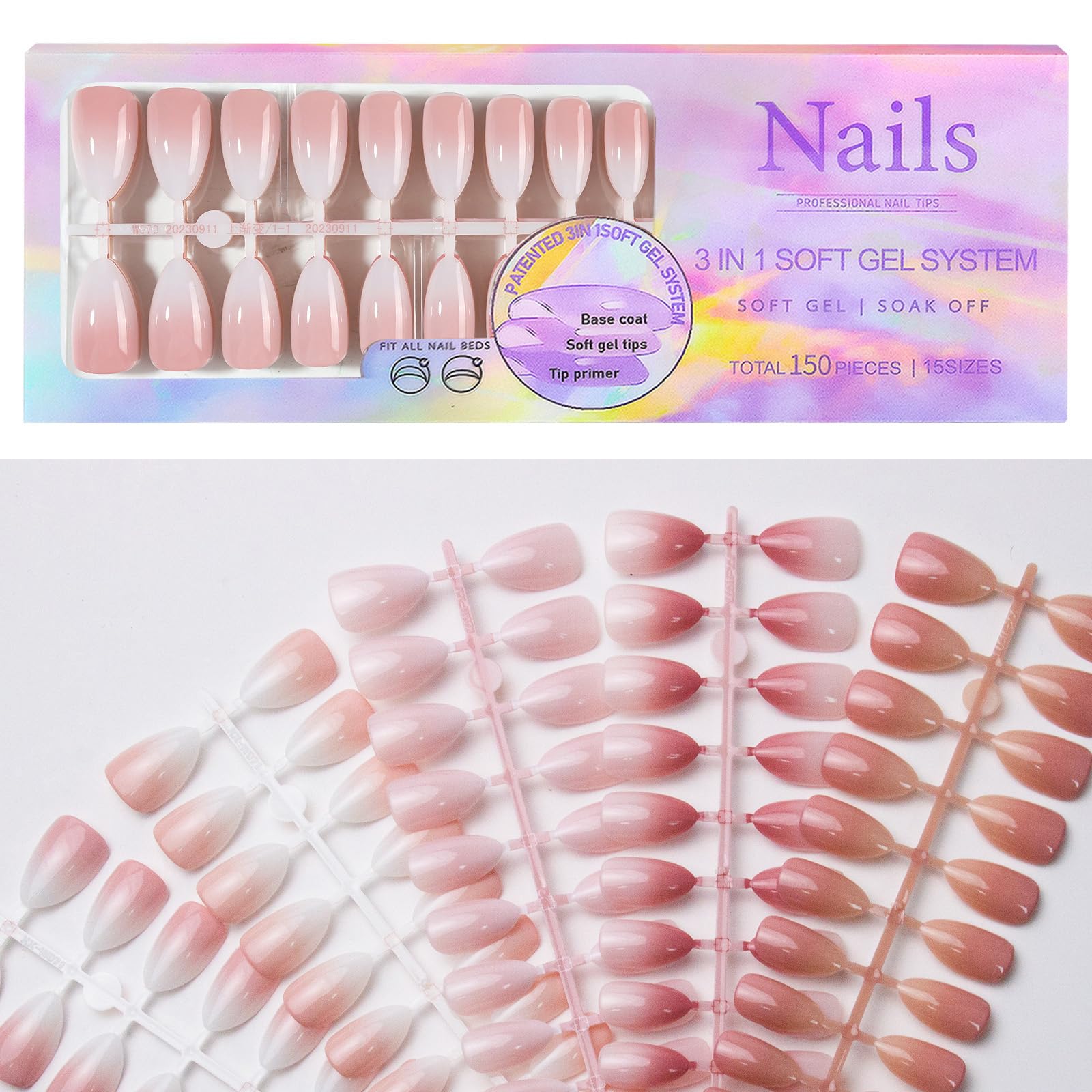 Photo 1 of 150Pcs Ombre Press on Nails Medium Almond Fake Nails Nude Pink Gradient Acrylic Nails Nature Gel Glue on Nails Ombre False Nail Tips Stick on Nail Manicure Kit for Women Girls 15 Sizes