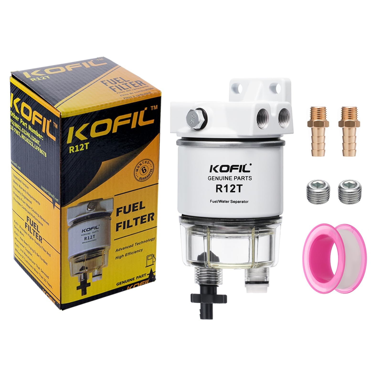 R12T Fuel Filter Water Separator Complete Kit - Marine SPIN-ON R12T Filter Replaces S3240 120AT NPT ZG1/4-19 Fit 3/8 Inch NPT Outboard Motors For Diesel And Gasoline Engine With Four Fittings