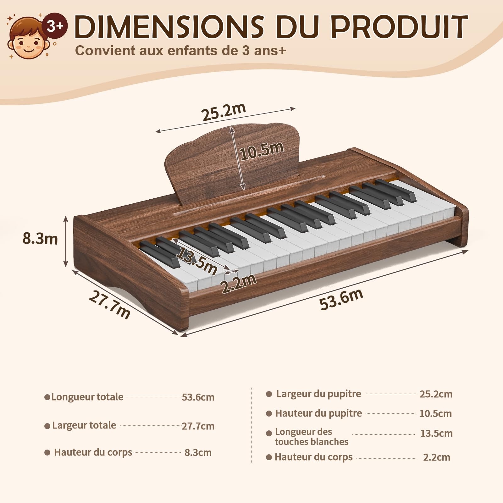 Piano Numérique Enfants 37 Touches, Instrument Éducatif de Musique (Noyer)