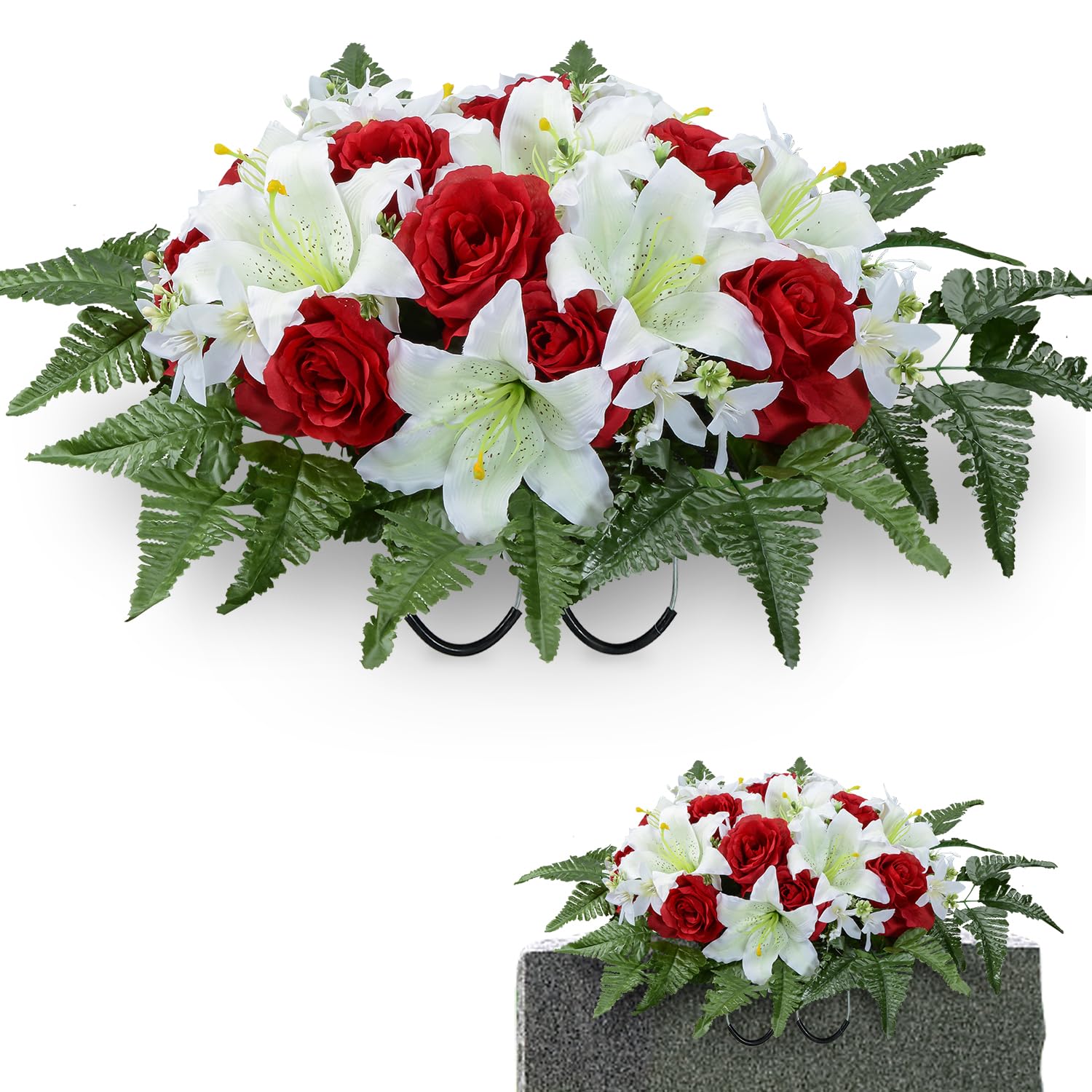 Fleur Artificielle pour Pierre tombale, Fleurs de cimetière, Bouquets de lys Roses artificiels pour décoration extérieure de Pierre tombale. (Lys Blanc, Selle de Fleurs)