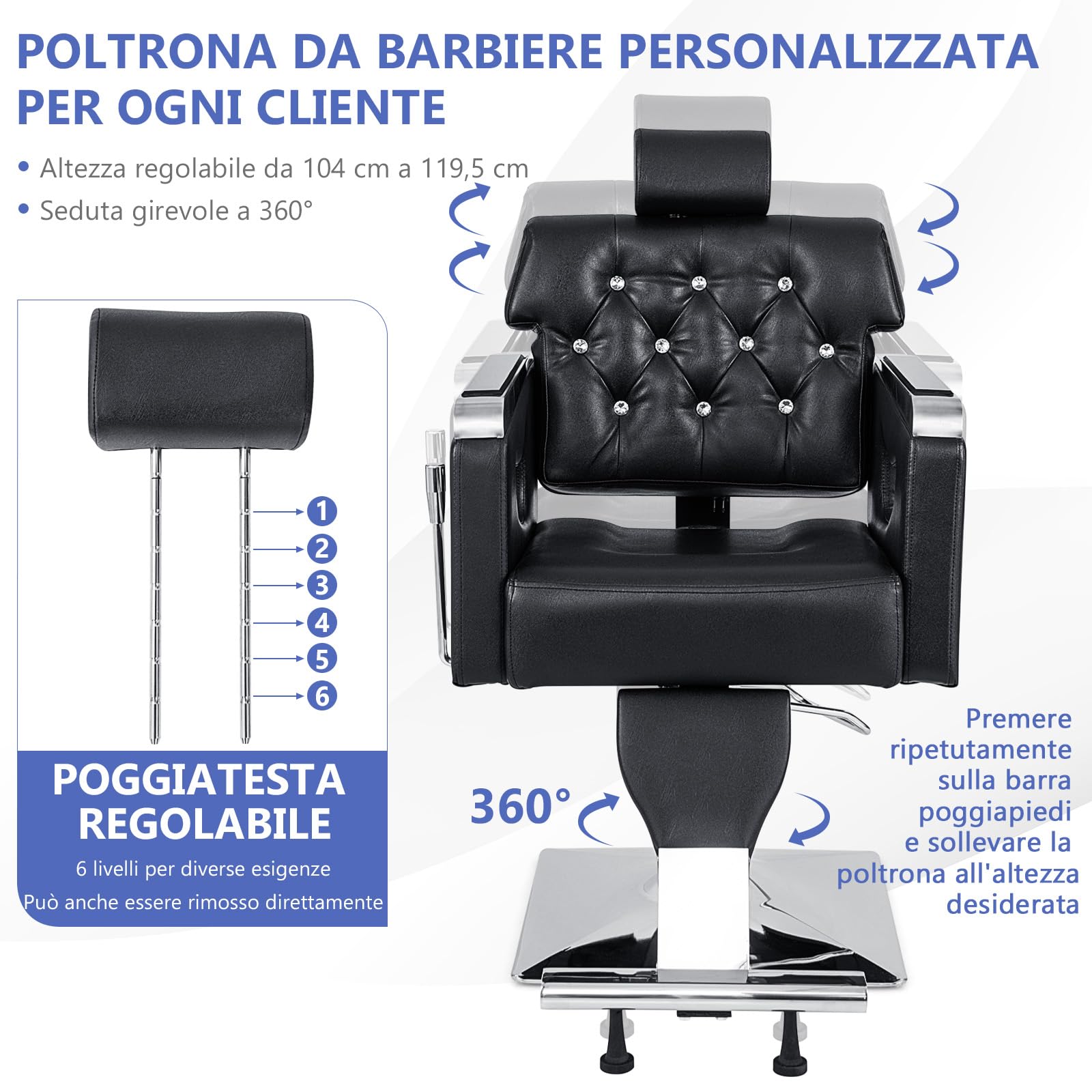 COSTWAY Poltrona da Barbiere Girevole, Attrezzatura Spa, Schienale Imbottito, Poggiatesta Regolabile 6 Livelli, Pompa Idraulica, Portata 150 kg, Nero