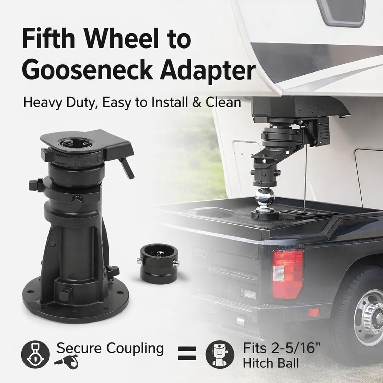 12 to 16 Inches Adjustable Cushioned 5th Wheel to Gooseneck Adapter, Heavy Duty Alloy Steel, 20000 Lbs Capacity - Smooth Towing, Multi Height Settings, Ideal for RV Camping