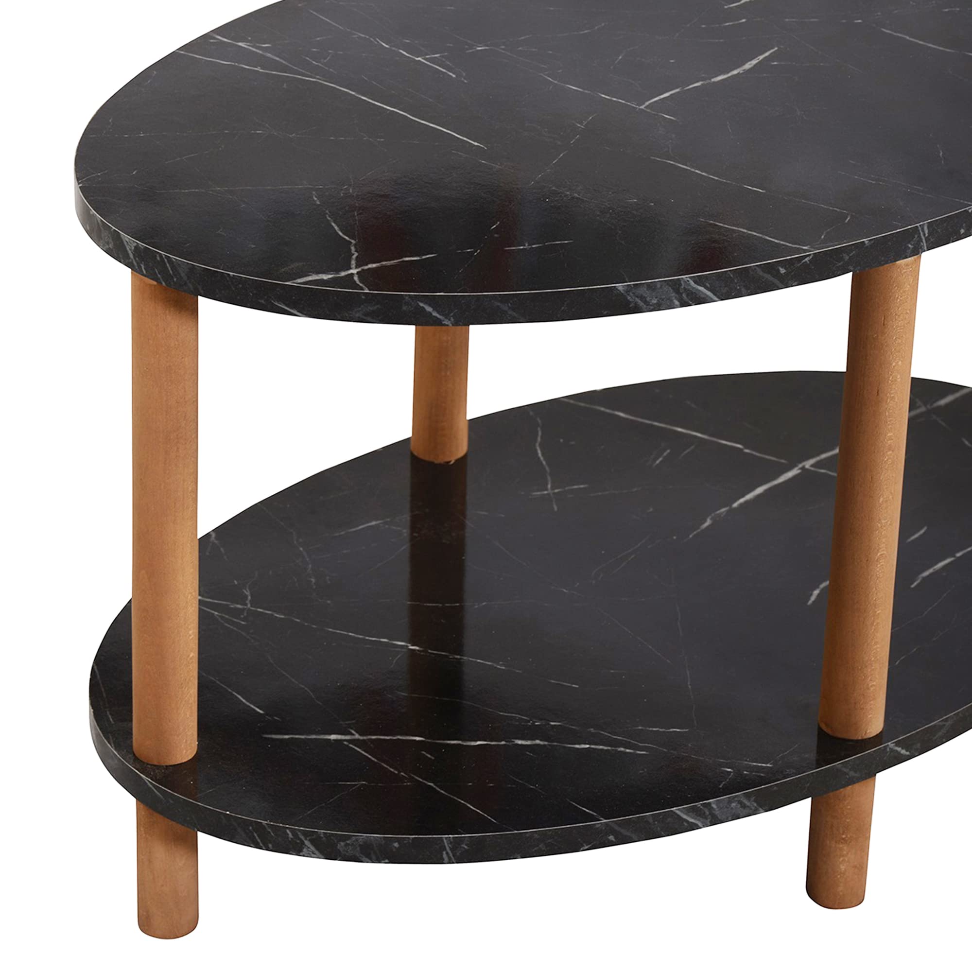 [en.casa] Mesa de Centro Ovalada Højreby con Estante y 4 Patas Mesa Auxiliar Mueble de Salón Oficina Aglomerado/Madera de Haya 43 x 70 x 44 cm - Efecto mármol, Negro