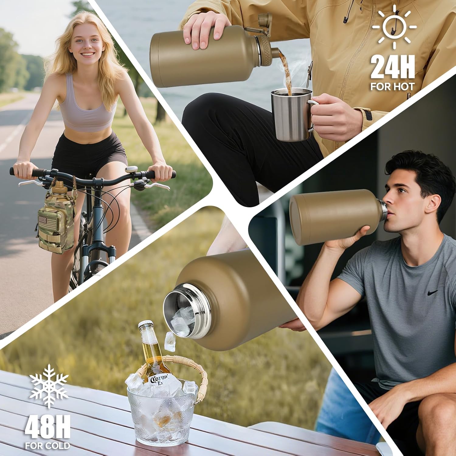 Half Gallon Water Bottle Insulated with Sleeve - Tactical 64 oz Stainless Steel Water Jug with MOLLE Water Bottle Pouch, Gym Water Bottles for Men Hiking Workout (CP Camo) - Image 7